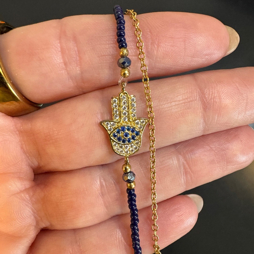 Two Strand Hamsa Bracelet, Blue and Gold